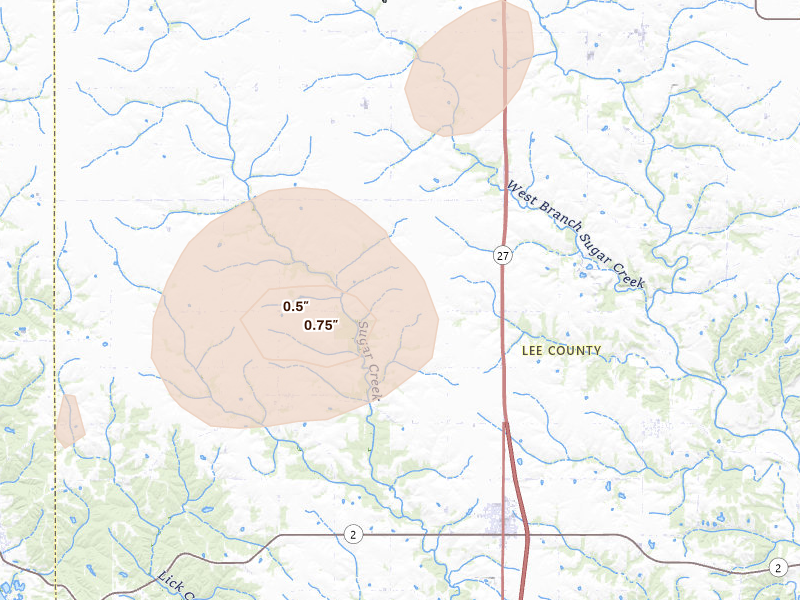 Radar-estimated hail-size map of the storm over Donnellson, IA on Apr 17, 2026