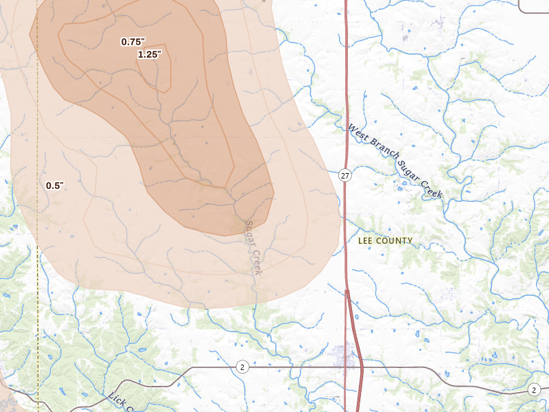 Radar-estimated hail-size map of the storm over Donnellson, IA on Aug 7, 2026