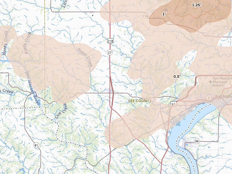 Radar-estimated hail-size map of the storm over Donnellson, IA on Aug 12, 2026