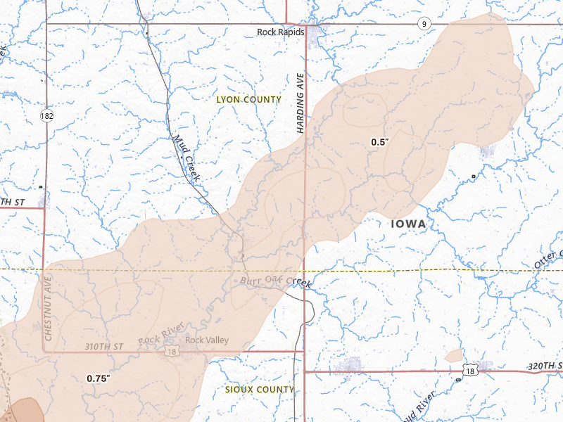 Radar-estimated hail-size map of the storm over Doon, IA on May 17, 2026