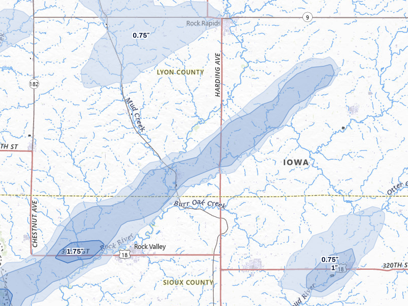 NEXRAD radar-signature map of the hail storm over Doon, IA on May 17, 2026