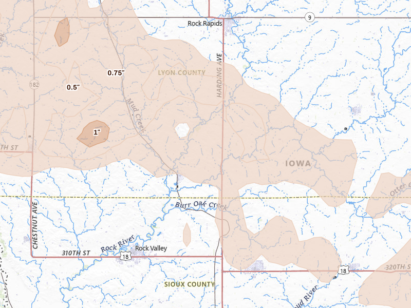 Radar-estimated hail-size map of the storm over Doon, IA on May 24, 2026