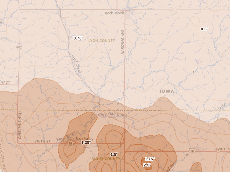 Radar-estimated hail-size map of the storm over Doon, IA on Jun 27, 2026