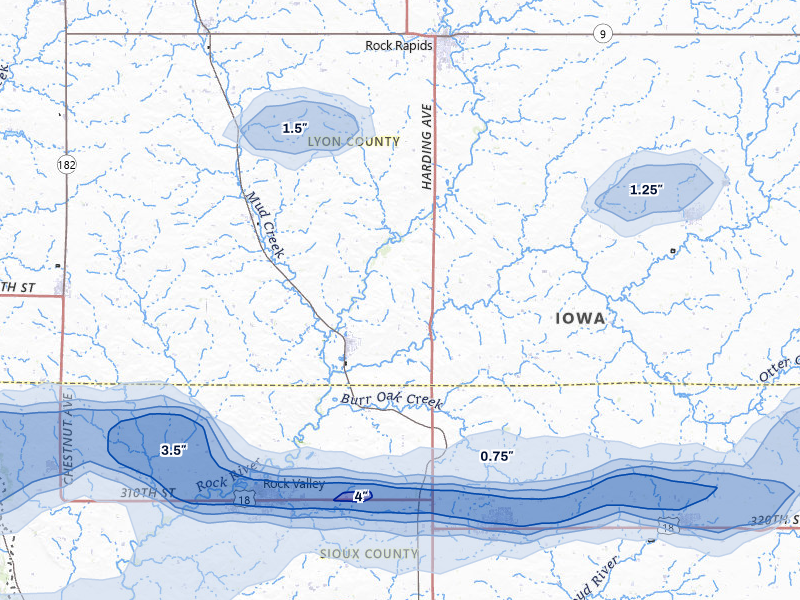 NEXRAD radar-signature map of the hail storm over Doon, IA on Jun 27, 2026