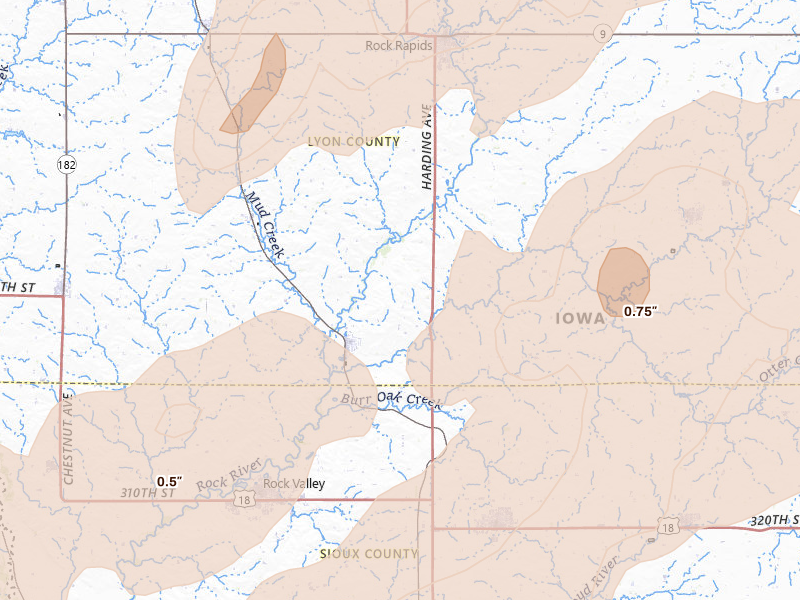 Radar-estimated hail-size map of the storm over Doon, IA on Jun 29, 2026