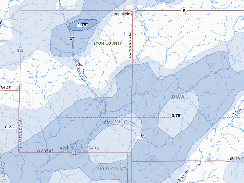 NEXRAD radar-signature map of the hail storm over Doon, IA on Jun 29, 2026