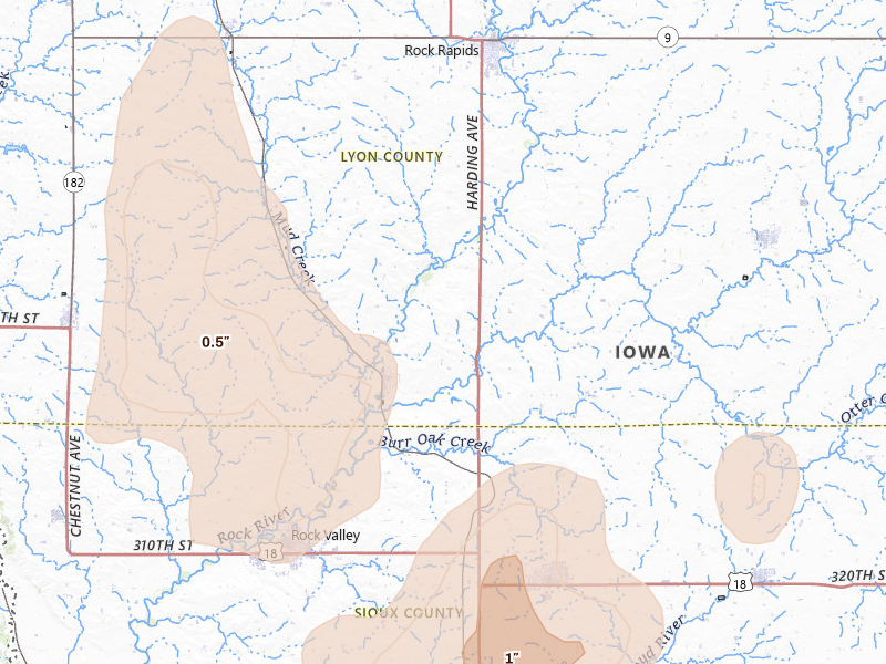 Radar-estimated hail-size map of the storm over Doon, IA on Jun 30, 2026