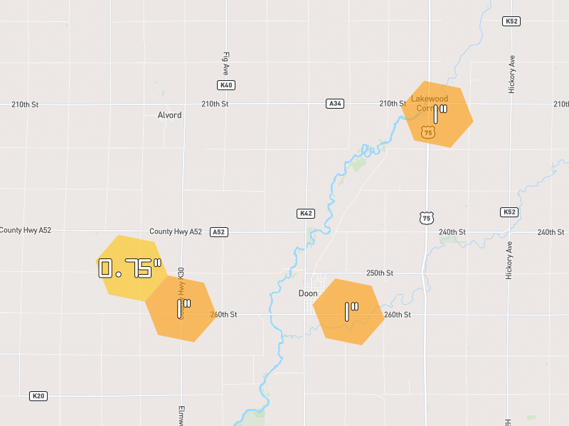 Hail map of Doon, IA on Jun 30, 2026, hail up to 1"