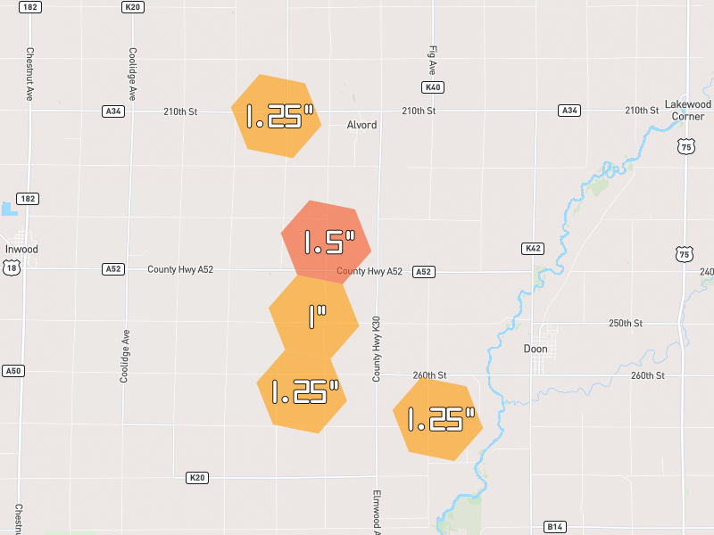 Hail map of Doon, IA on Jul 1, 2026, hail up to 1.5"