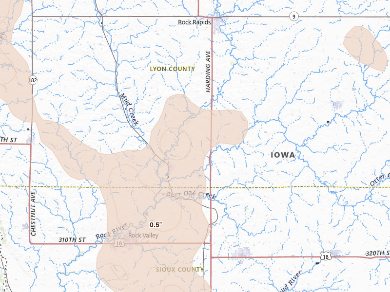 Radar-estimated hail-size map of the storm over Doon, IA on Jul 4, 2026