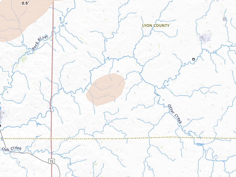 Radar-estimated hail-size map of the storm over Doon, IA on Aug 3, 2026