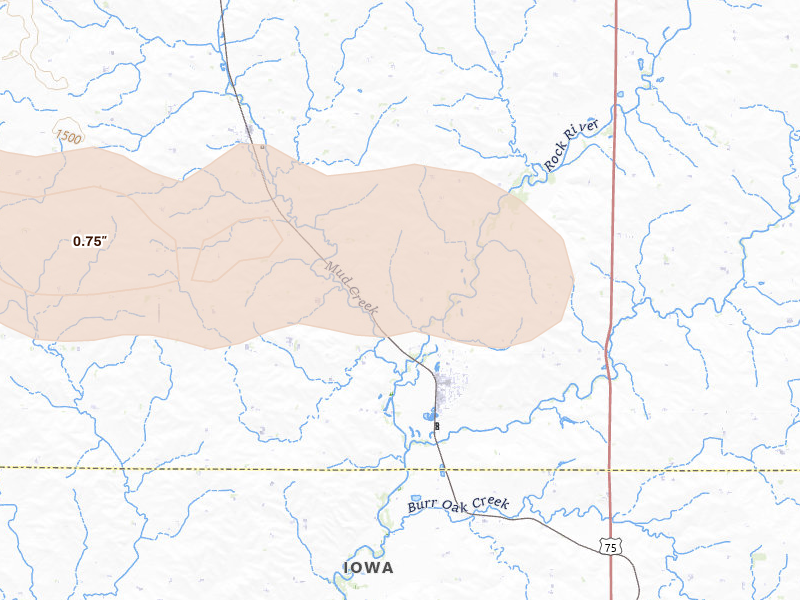 Radar-estimated hail-size map of the storm over Doon, IA on Aug 10, 2026
