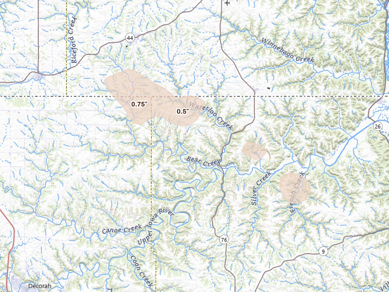 Radar-estimated hail-size map of the storm over Dorchester, IA on Aug 18, 2026