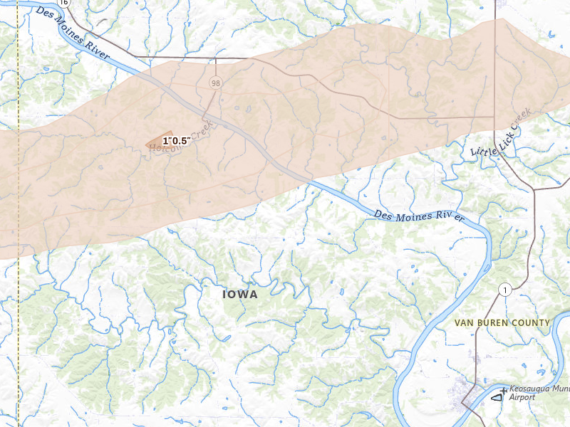 Radar-estimated hail-size map of the storm over Douds, IA on Mar 10, 2026