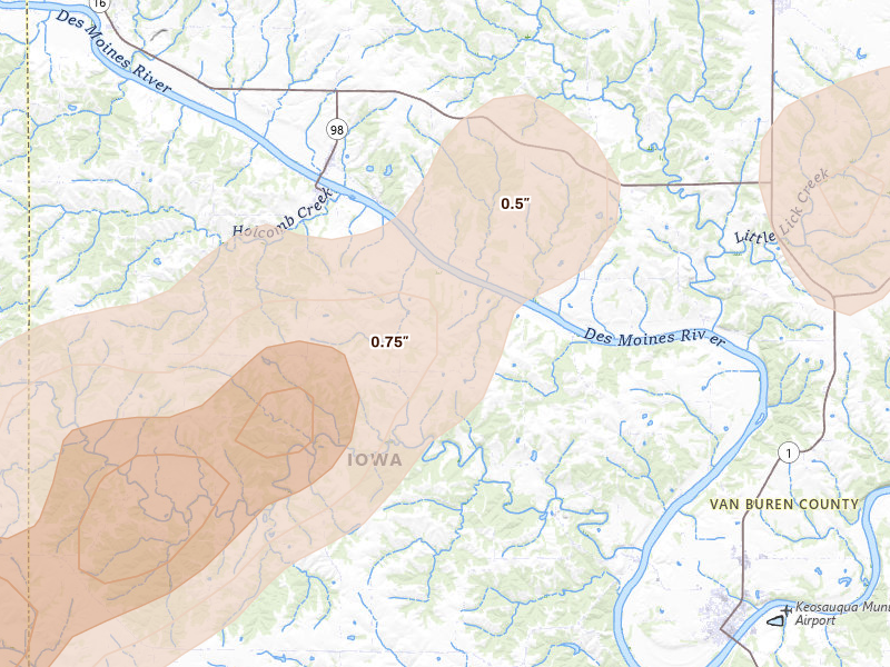 Radar-estimated hail-size map of the storm over Douds, IA on Jun 11, 2026