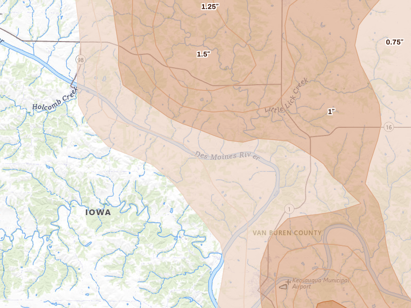 Radar-estimated hail-size map of the storm over Douds, IA on Aug 7, 2026