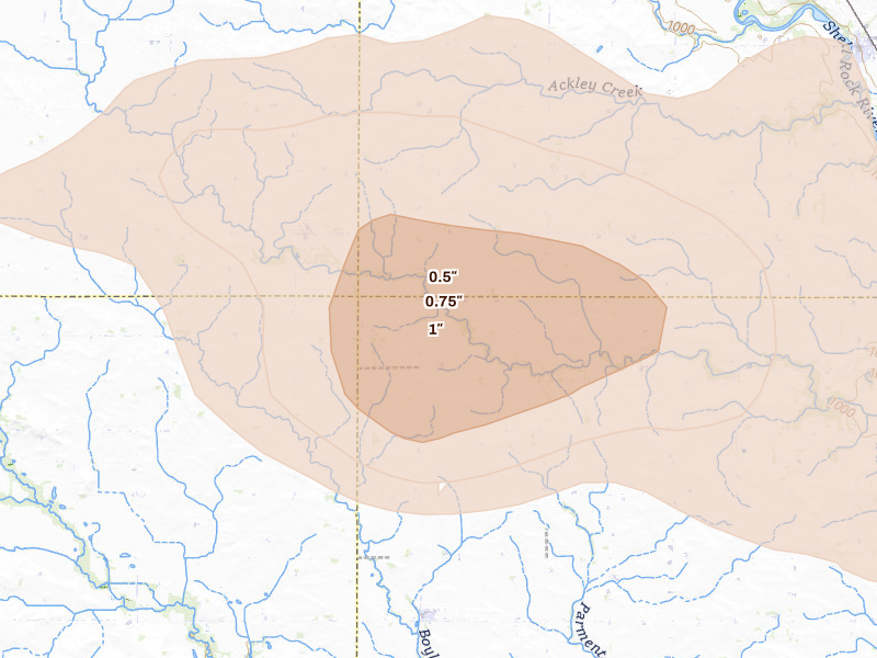 Radar-estimated hail-size map of the storm over Dougherty, IA on Jun 10, 2026