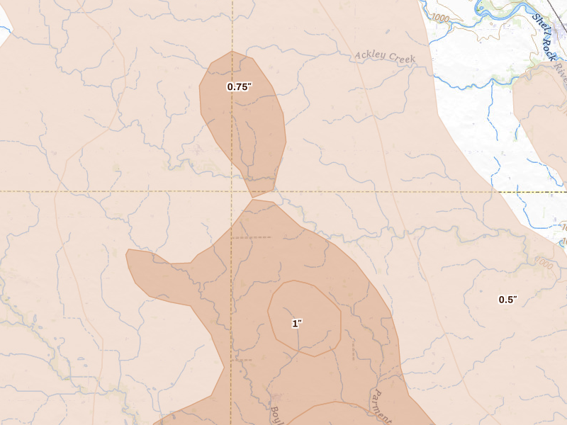 Radar-estimated hail-size map of the storm over Dougherty, IA on Jul 20, 2026