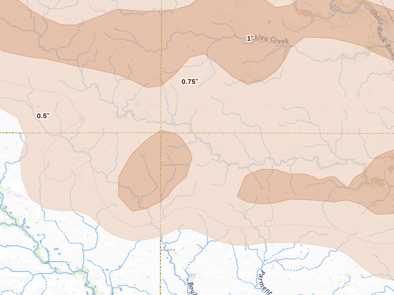 Radar-estimated hail-size map of the storm over Dougherty, IA on Aug 7, 2026