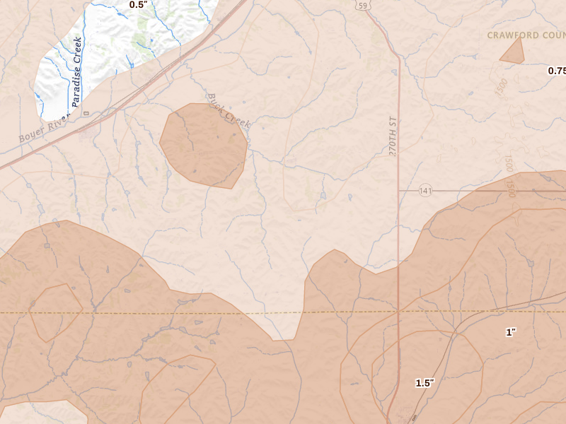 Radar-estimated hail-size map of the storm over Dow City, IA on Apr 23, 2026