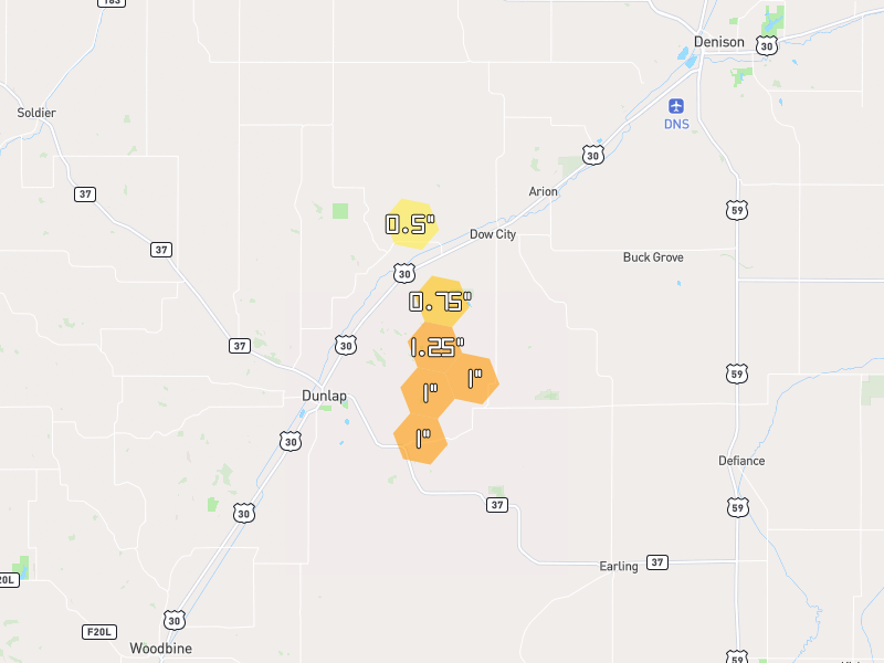 Hail map of Dow City, IA on Jul 5, 2026, hail up to 1.25"