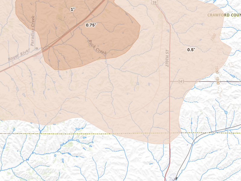 Radar-estimated hail-size map of the storm over Dow City, IA on Jul 8, 2026