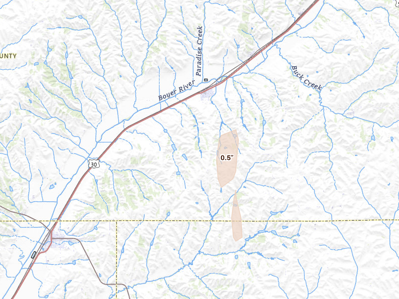 Radar-estimated hail-size map of the storm over Dow City, IA on Aug 12, 2026