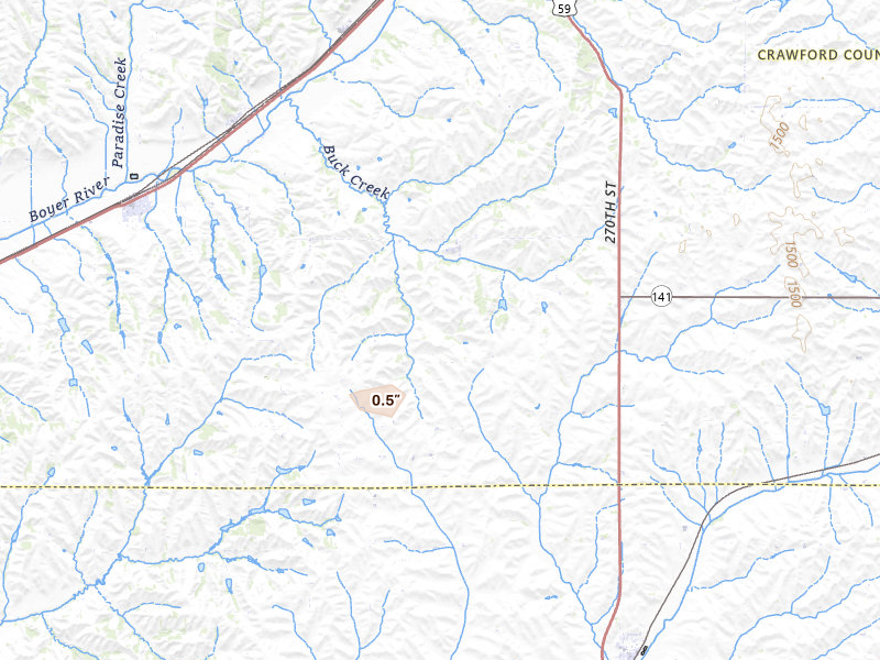 Radar-estimated hail-size map of the storm over Dow City, IA on Aug 13, 2026