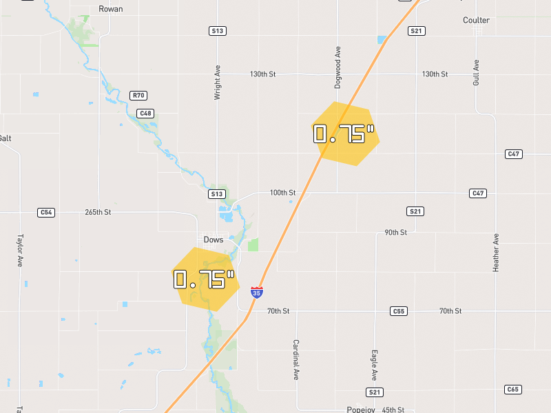 Hail map of Dows, IA on Jun 28, 2026, hail up to 0.75"