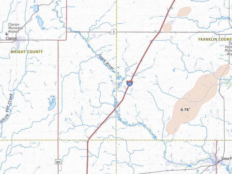 Radar-estimated hail-size map of the storm over Dows, IA on Jul 1, 2026