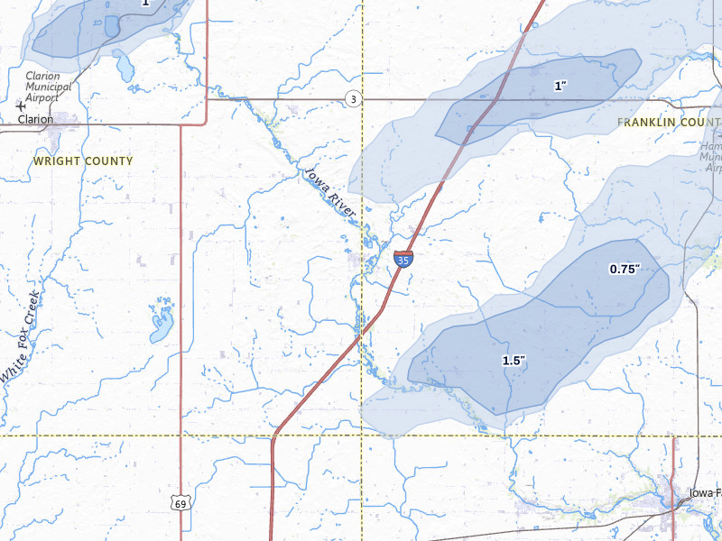 NEXRAD radar-signature map of the hail storm over Dows, IA on Jul 1, 2026