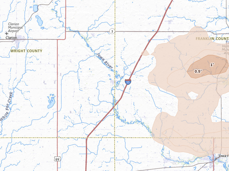 Radar-estimated hail-size map of the storm over Dows, IA on Jul 8, 2026