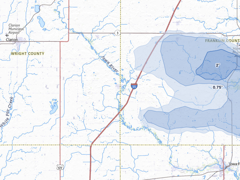 NEXRAD radar-signature map of the hail storm over Dows, IA on Jul 8, 2026