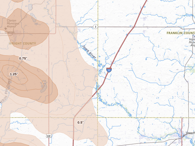 Radar-estimated hail-size map of the storm over Dows, IA on Jul 20, 2026