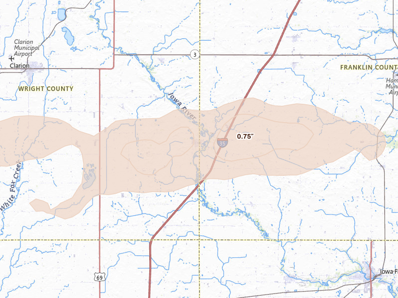 Radar-estimated hail-size map of the storm over Dows, IA on Aug 10, 2026
