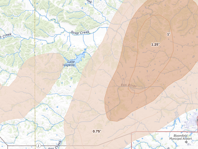 Radar-estimated hail-size map of the storm over Drakesville, IA on Apr 17, 2026