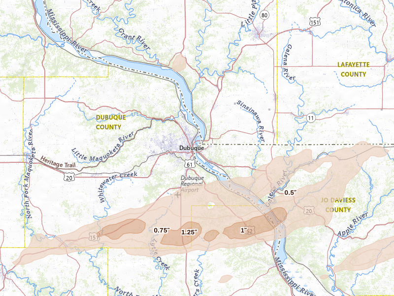 Radar-estimated hail-size map of the storm over Dubuque, IA on Mar 10, 2026