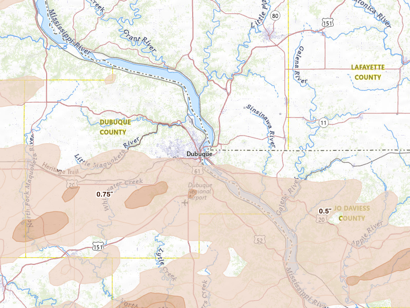 Radar-estimated hail-size map of the storm over Dubuque, IA