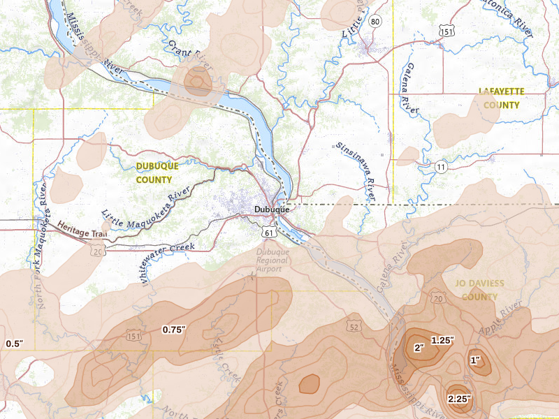 Radar-estimated hail-size map of the storm over Dubuque, IA on Apr 17, 2026