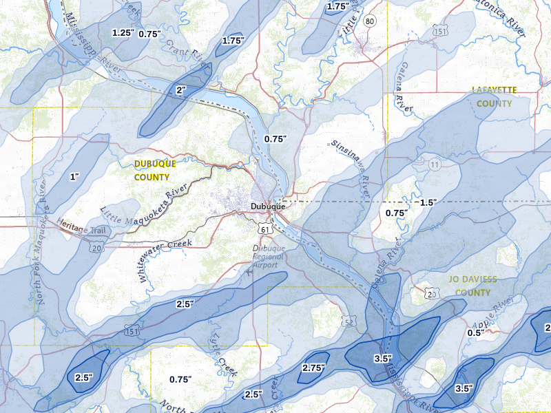 NEXRAD radar-signature map of the hail over Dubuque, IA