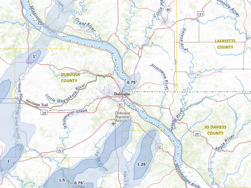 NEXRAD radar-signature map of the hail over Dubuque, IA