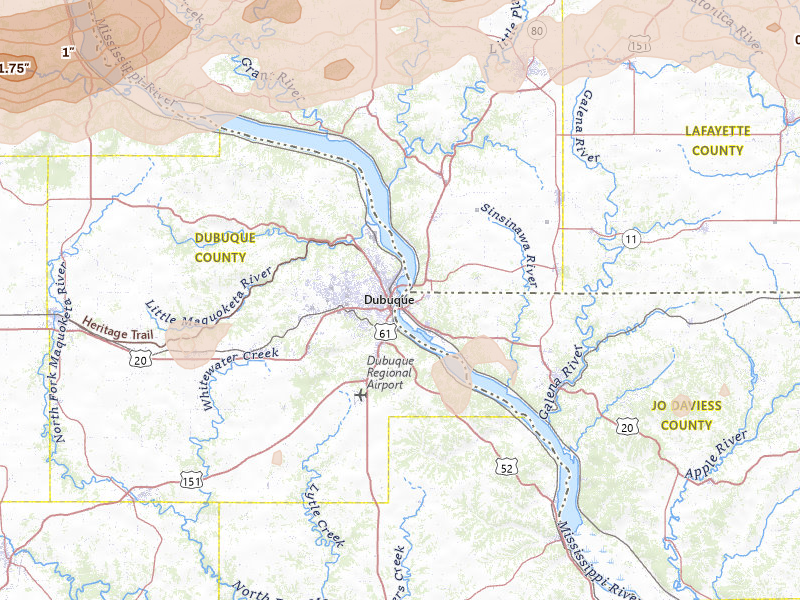 Radar-estimated hail-size map of the storm over Dubuque, IA on Jul 2, 2026