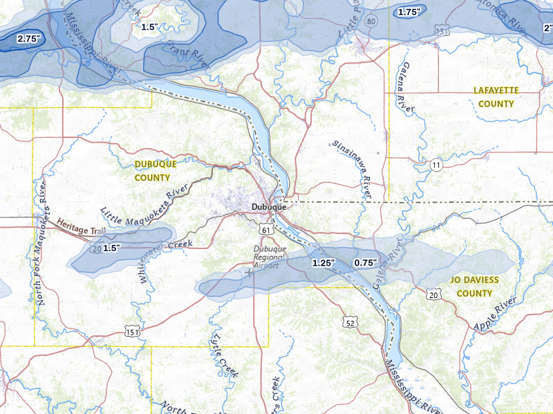 NEXRAD radar-signature map of the hail over Dubuque, IA