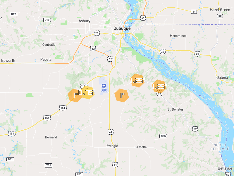 Hail map of Dubuque, IA on Jul 2, 2026, hail up to 1.25"