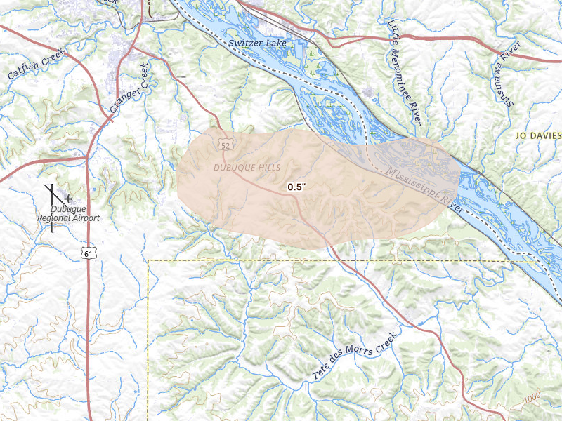 Radar-estimated hail-size map of the storm over Dubuque, IA on Aug 7, 2026