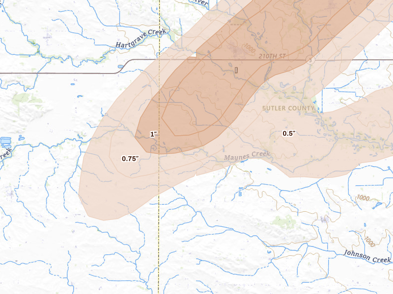 Radar-estimated hail-size map of the storm over Dumont, IA