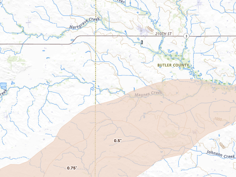 Radar-estimated hail-size map of the storm over Dumont, IA on Jun 10, 2026