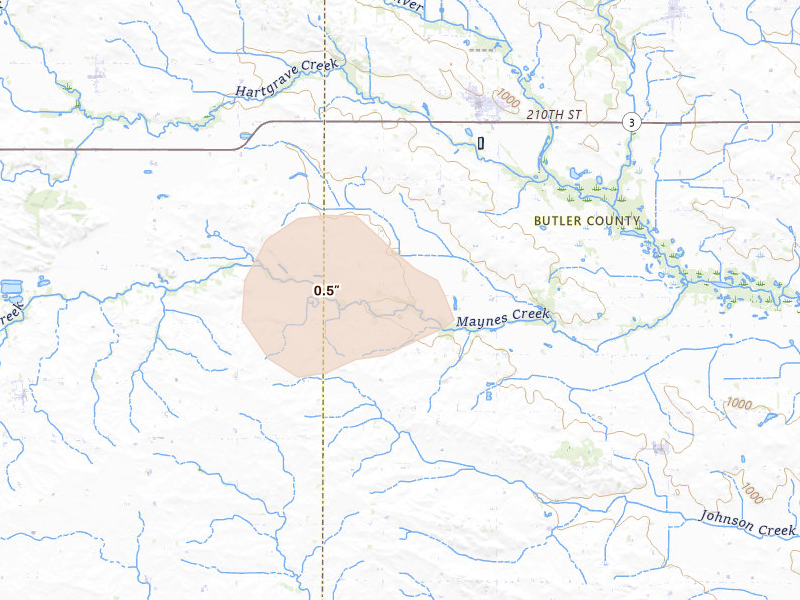 Radar-estimated hail-size map of the storm over Dumont, IA on Jun 28, 2026