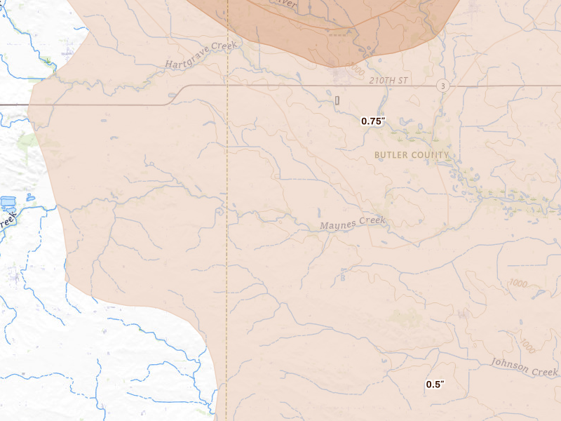 Radar-estimated hail-size map of the storm over Dumont, IA on Jul 20, 2026