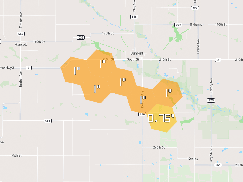 Hail map of Dumont, IA on Jul 26, 2026, hail up to 1"